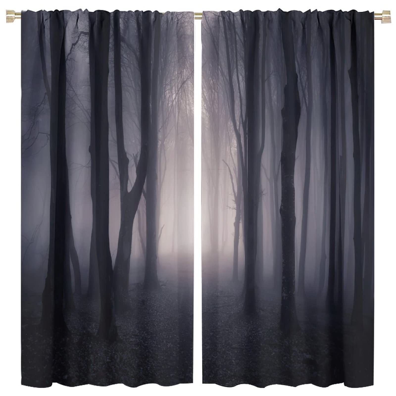 Misty Forest Window Curtains,Trees Heavy Foggy Nature Landscape Abstract Gothic Dark Gray Art Room Darkening Thermal Insulated Window Curtain 2 Panels for Living Room Bedroom Decor W63xL63in