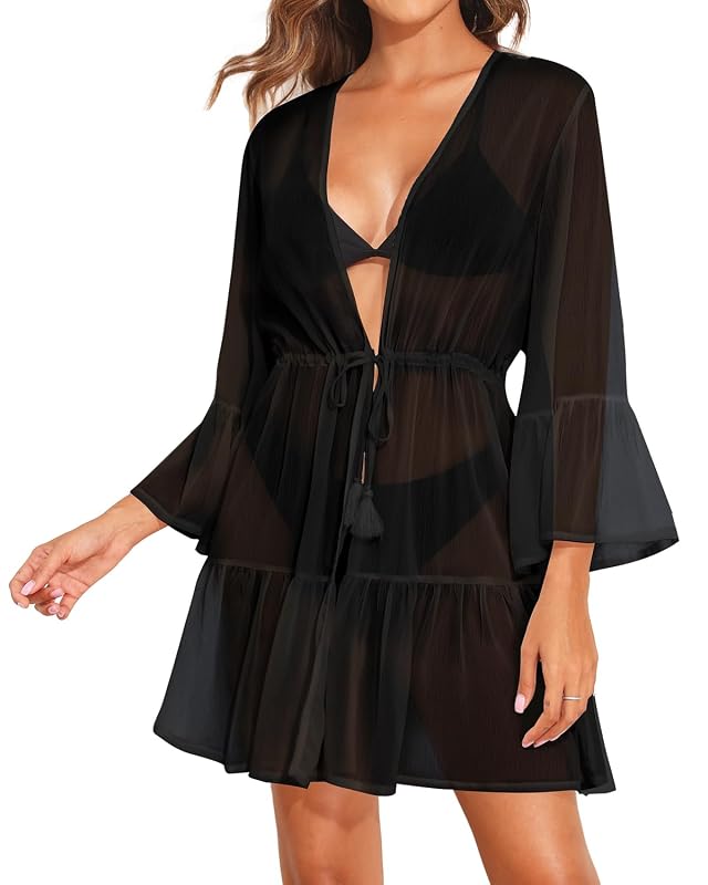 Yonique Kimono Swimsuit Cover Ups for Women Ruffles Beach Cover Long Sleeve Coverups