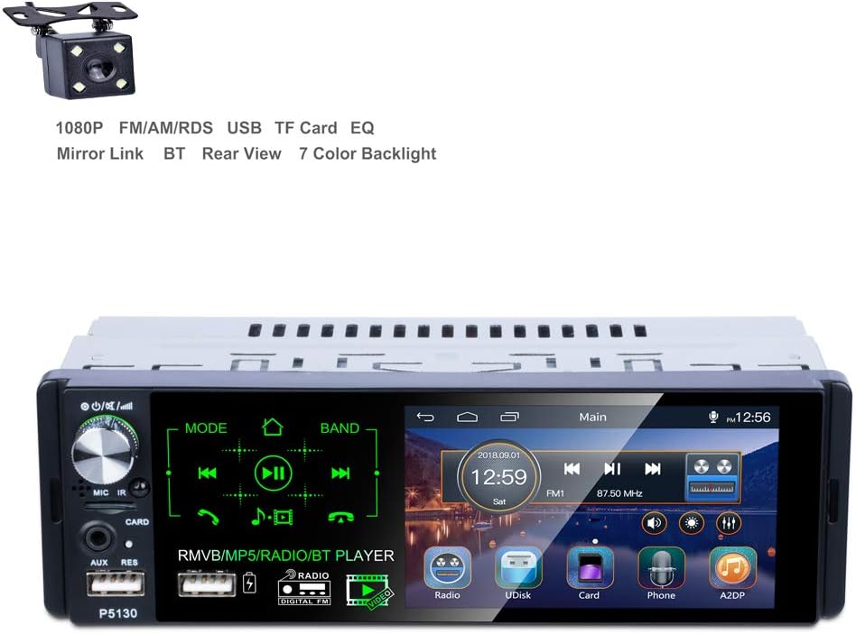 car Stereo radio-1din LCD 4.1 inch MP5 HD Touch Screen Video Player with USB/AM/FM/RDS/AUX, Bluetooth Hands-Free Calling, Rear View Camera, External Microphone, Steering Wheel Remote Control
