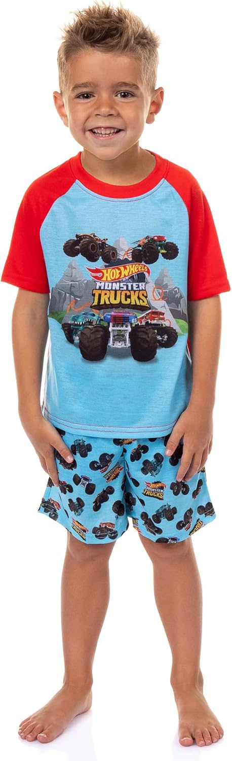 INTIMO Hot Wheels Toddler Boy's Monster Trucks Toys Tossed Print Sleep Pajama Set Short