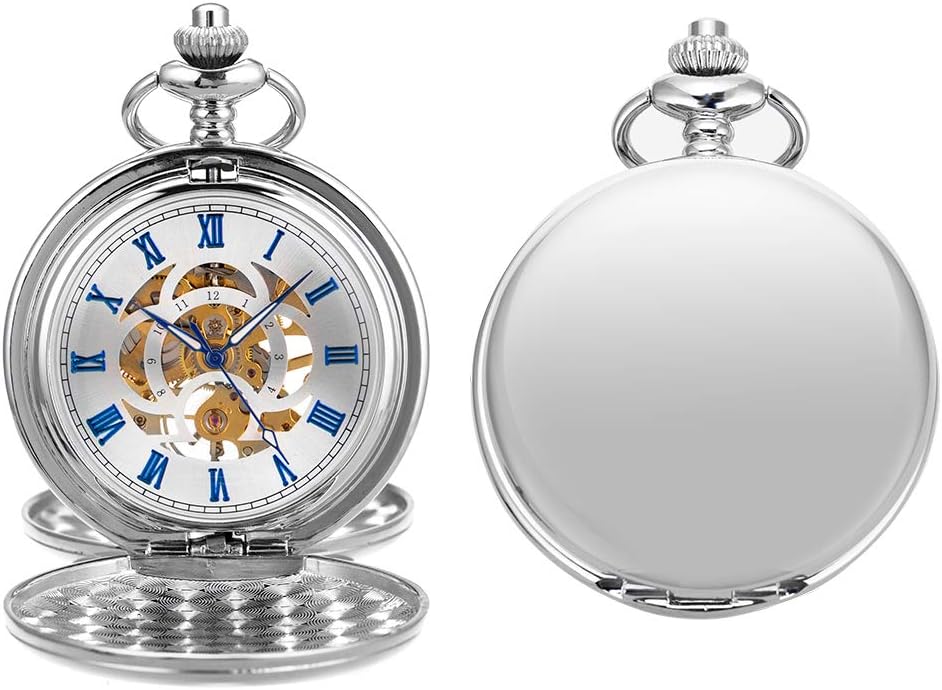 ManChDa Silver Mechanical Pocket Watch with Chain - Retro Smooth Classic Handwind - Roman Numerals for Men & Women