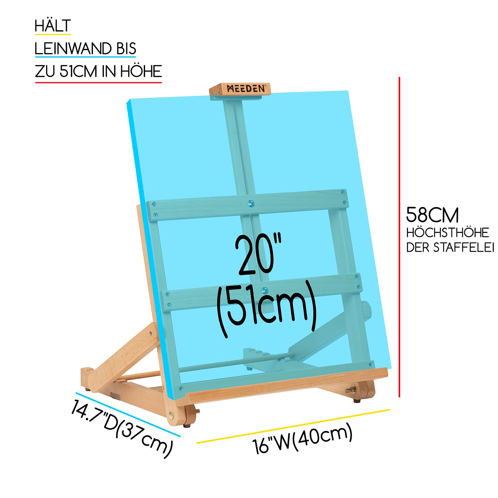 MEEDEN H-förmige Tischstaffelei Holz, Verstellbare Staffelei Tisch aus deutsche Buchenholz, Faltbarer Tragbarer Leinwand Ständer, Display-Staffelei für Gemälde Kunst & Handwerk, Leinwand bis zu 51cm
