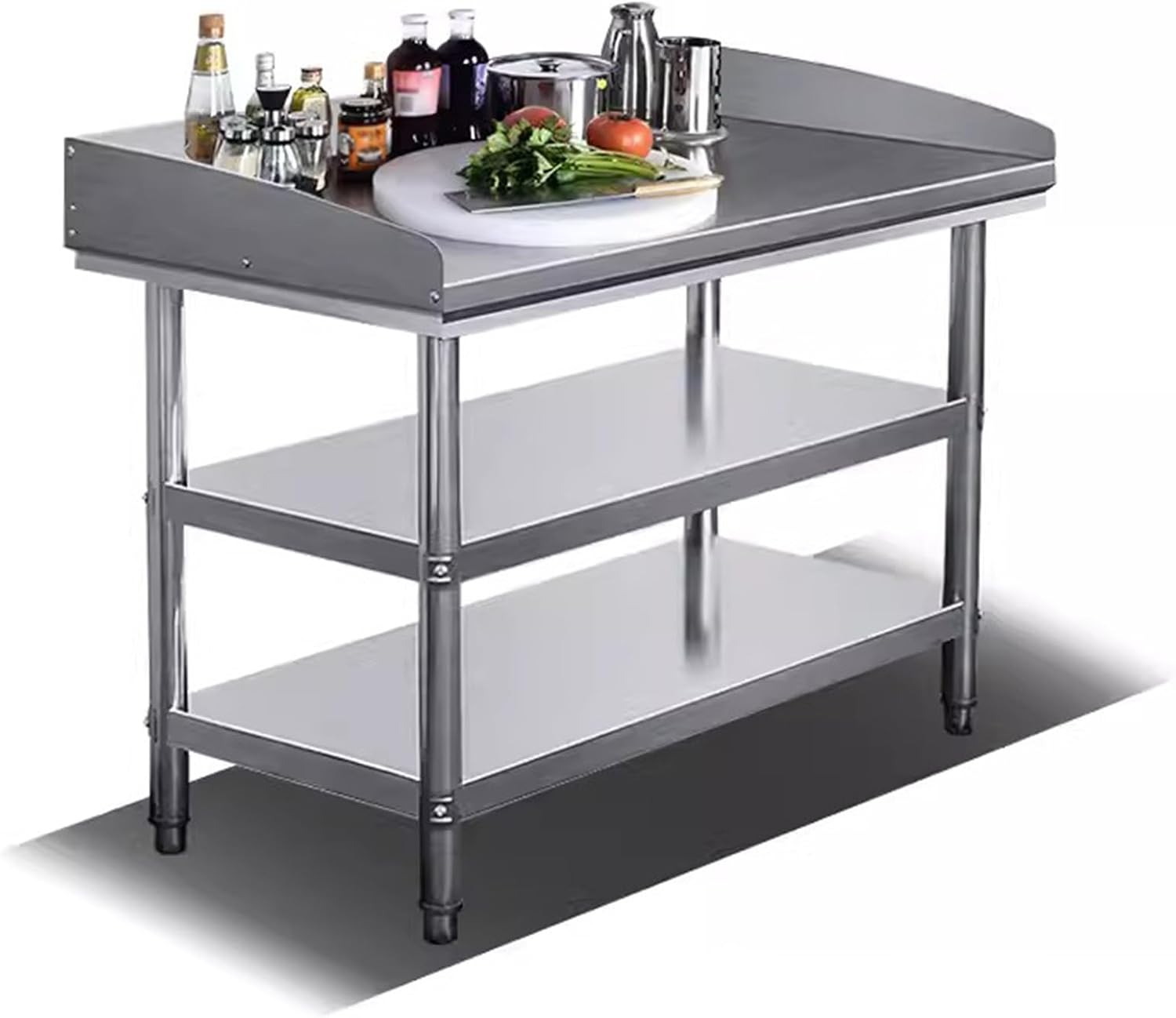 Kitchen Double Stainless Steel Workbench with Bezel and Pasta Countertop Chopping Table Three Side Surround Curved Design Non-fall Preparation Table(80x60x80cm)