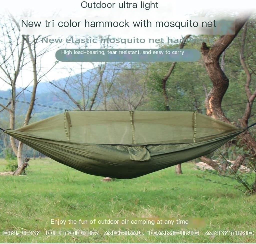 Hammock Camping Hammock Outdoor Camping Portable Single Parachute Cloth Three-Color Belt Anti-Mosquito Hammock Hammocks for Outside(D)
