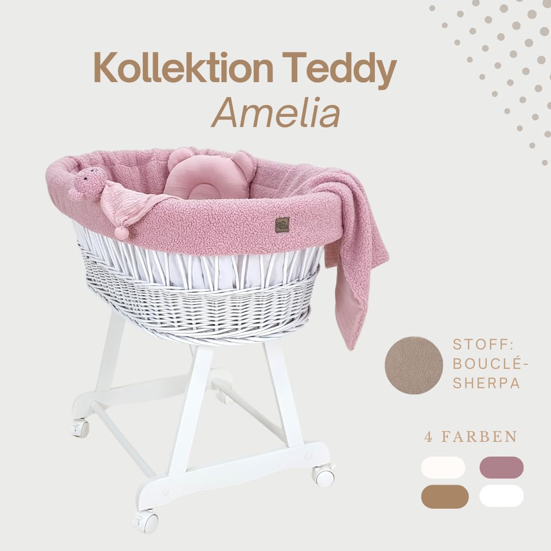 Amelia łóżeczko dziecięce – ręcznie tkany Mojżesz z materacem i materacem – 5-częściowy zestaw pościeli Teddy w kolorze różowym – przenośny wózek na kółkach – idealny dla noworodków