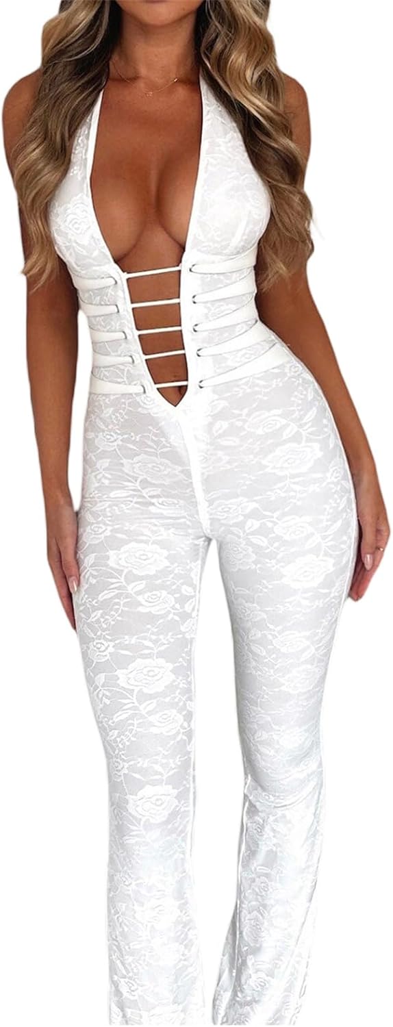 Raruxxin Women Sexy See Through Lace Jumpsuit Sleeveless Backless Cut Out Skinny Long Romper Sheer One Piece Outfit Clubwear E White Bandage Large