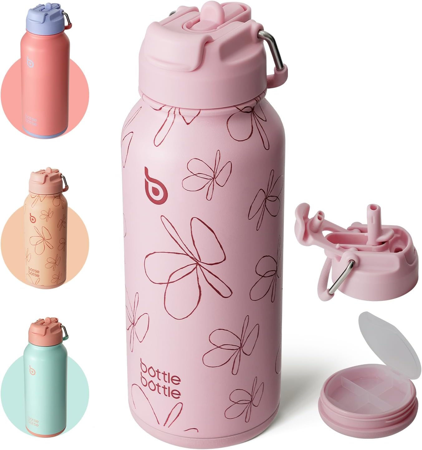 Insulated Water Bottle 950ml(32oz) Stainless Steel Sports Water Bottles with Straw Dual-use Lid Drink Flask Design for Gym with Pill Box (Pink Flower)