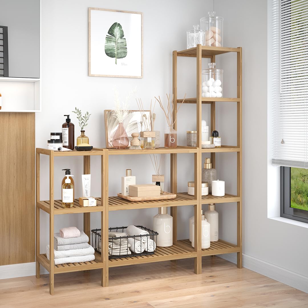 Bellamio Newa Badregal – Bambus Regal mit 3 Ablageflächen – Badezimmerschrank lackiert – Holzregal stehend für Badezimmer – Standregal schmal – offener Badschrank Natur – Badezimmermöbel 80x60x33 cm