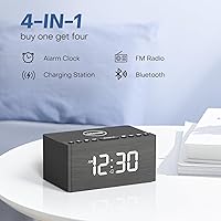 Vista 2 de ANJANK Altavoz Bluetooth de madera, reloj despertador con radio FM, estación de carga inalámbrica rápida con certificación Qi para iPhone/Samsung