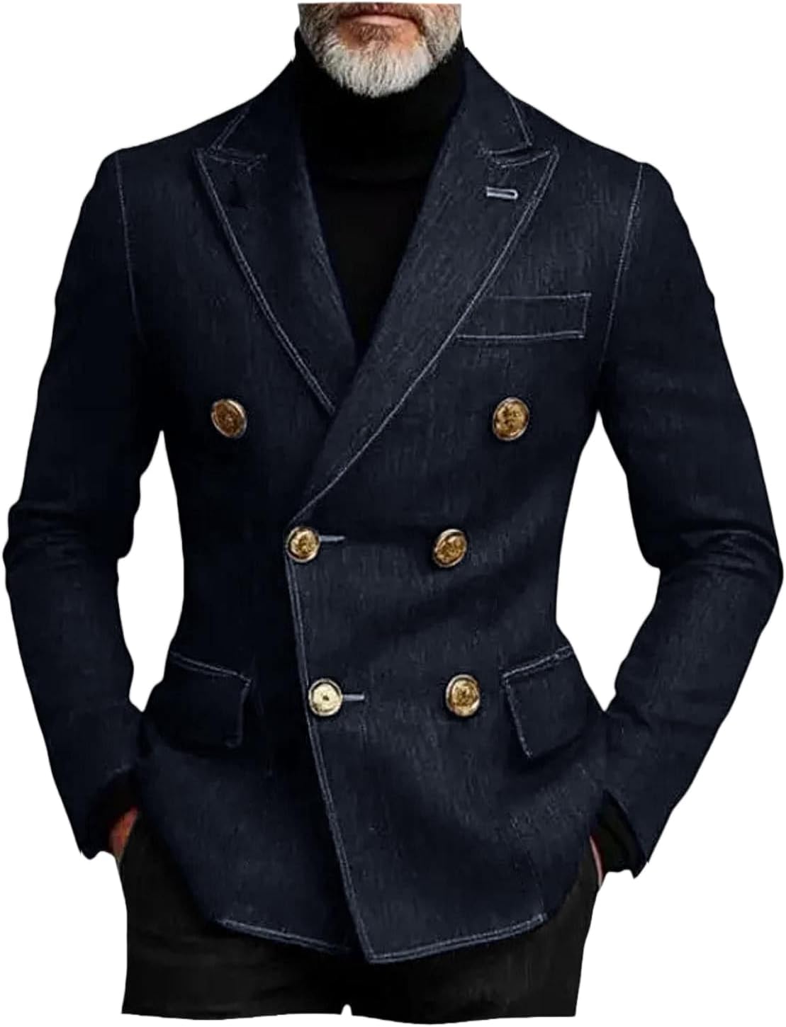 VENNYNG Men's Double Breasted Denim-Style Blazer Modern Jacket Casual Outing Date Night Trendy Mens Fashion