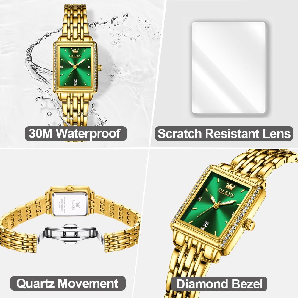 OLEVS Women's Gold Stainless Steel Watch, Small Square Face Diamond Decorated Ladies Watch, Luxury Analog Quartz Women Dress Watch, Fashion Calendar Date Waterproof Wrist Watch for Women - Image 5