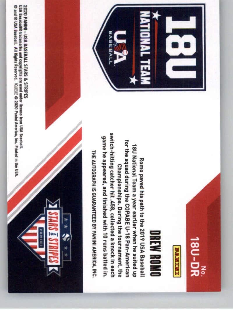 2020 Panini USA Stars and Stripes 18U National Team Signatures Black Ink Baseball #7 Drew Romo Auto Autograph SER/499 USA Baseball 18U National Team