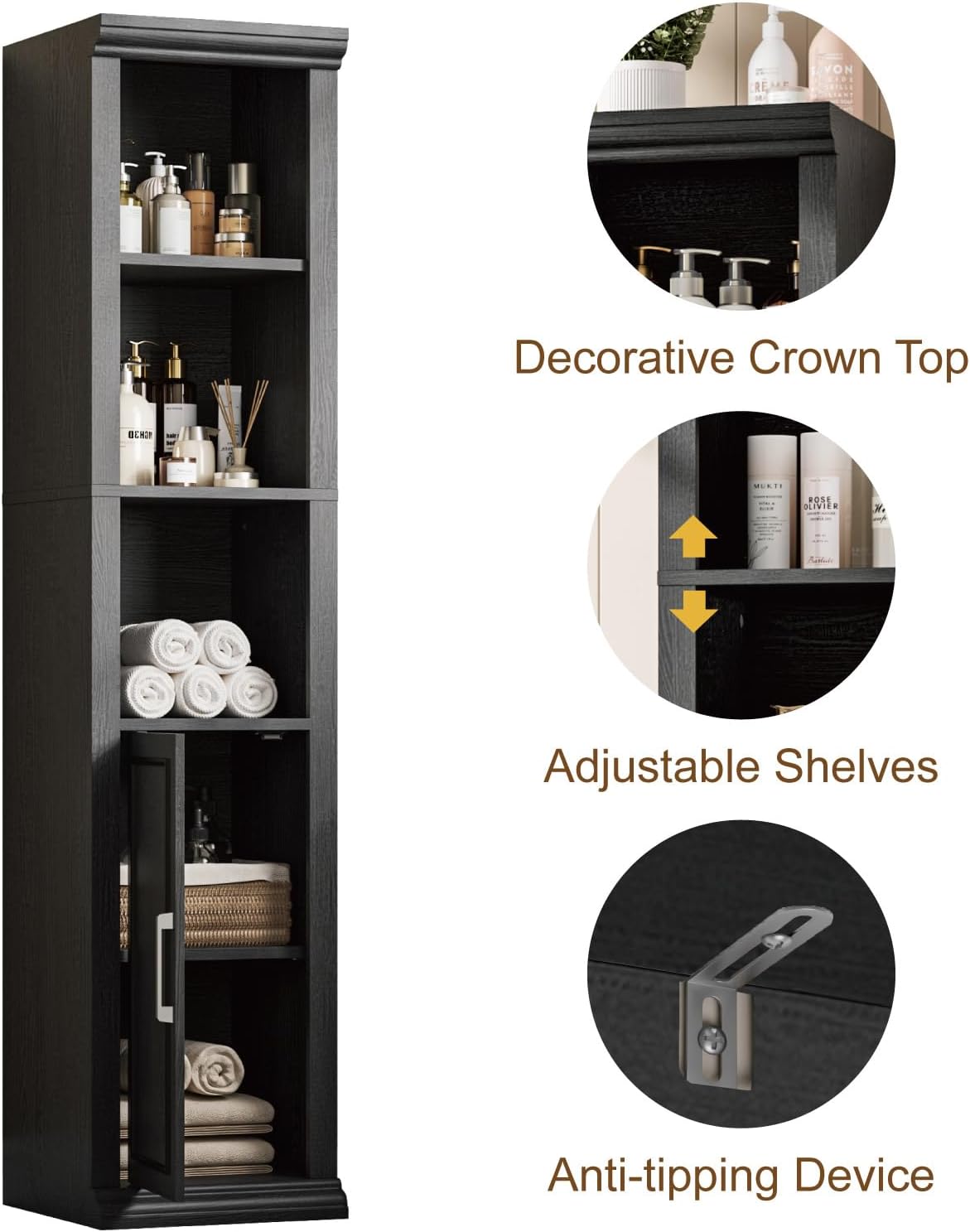 Rresyet Bathroom Cabinet, 60" Tall Bathroom Storage Cabinet with Adjustable Shelves and Doors for Small Space, Living Room, Entryway, Kitchen, Black