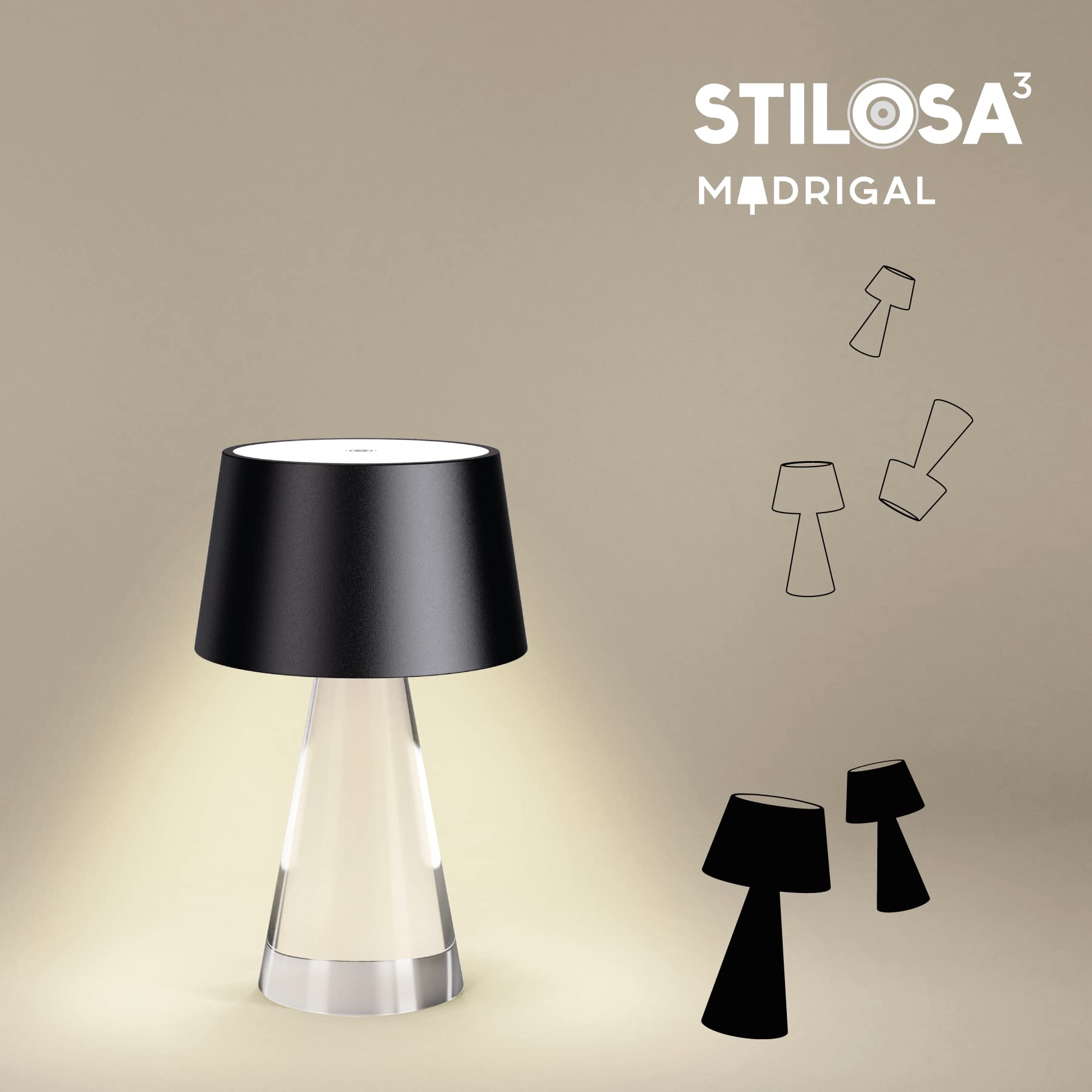 Stilosa Mood - Lampe de Table Sans Fil - Lampe Bureau Led Rechargeable - Lampe à poser tactile - Connecteur USB-C - Lampes Rechargeables Design Intérieures et Extérieur - Noir