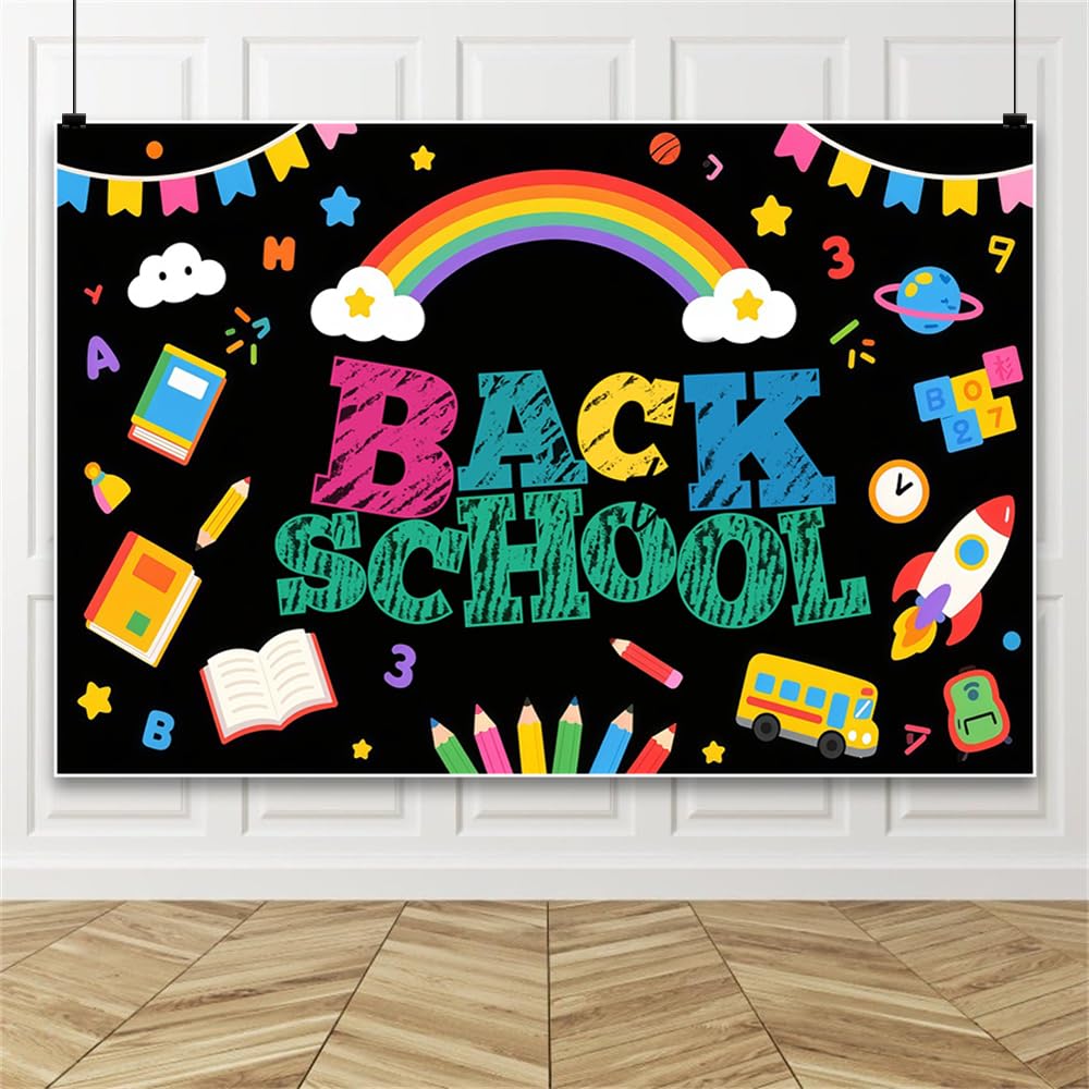 4.2x3m Cartoon-Regenbogen Einschulung-Fotohintergrund Schulbuch Bleistift Tafel Hintergrund für Bürobanner Klassenzimmerbedarf Fotokabine