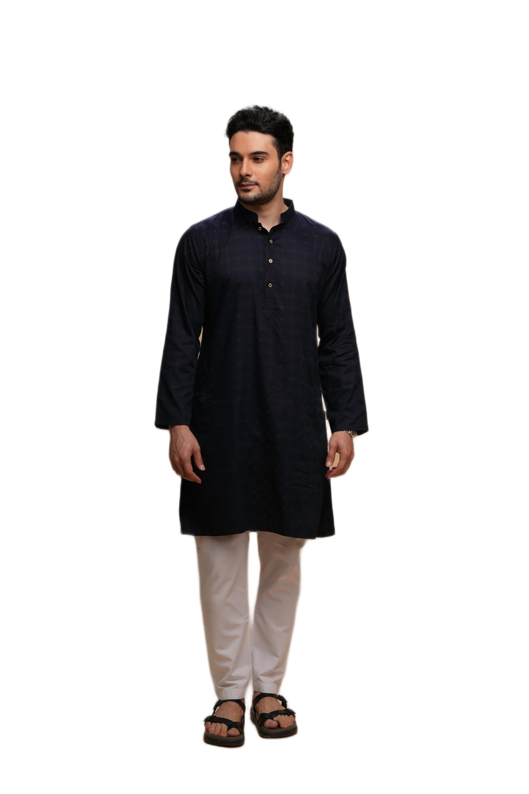 mashroo Men's Kurta Pajama Set Navy Blue Dobby Cotton with Mandarin Neck-picture-41