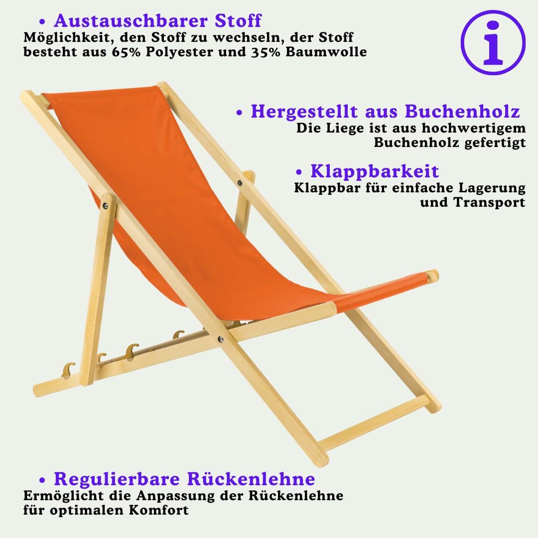 2 x Chaise Longue de Jardin en Bois - Fauteuil Relax - Chaise de Plage Orange
