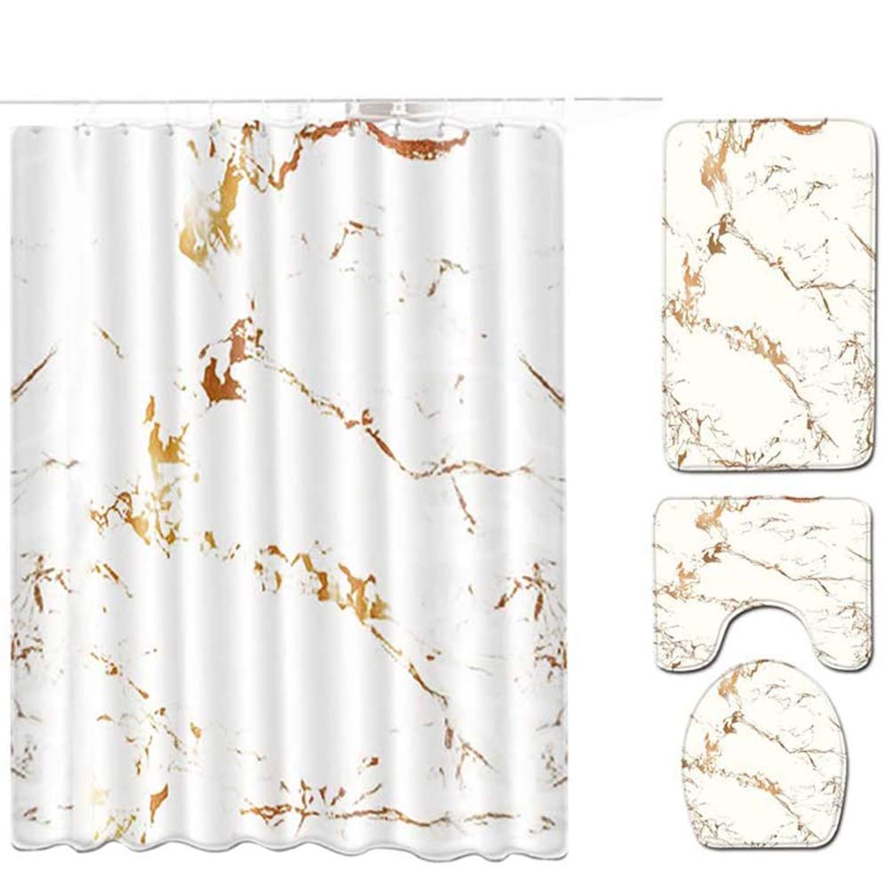 Matching Shower Curtains with Bath Mats Marble Texture Washable Anti Mould Curtain Sets with Toilet Lid Cover,Non-Slip Bathroom Mat, Pedestal Ruds and Waterproof Shower Curtain with Hooks (White+Gold)