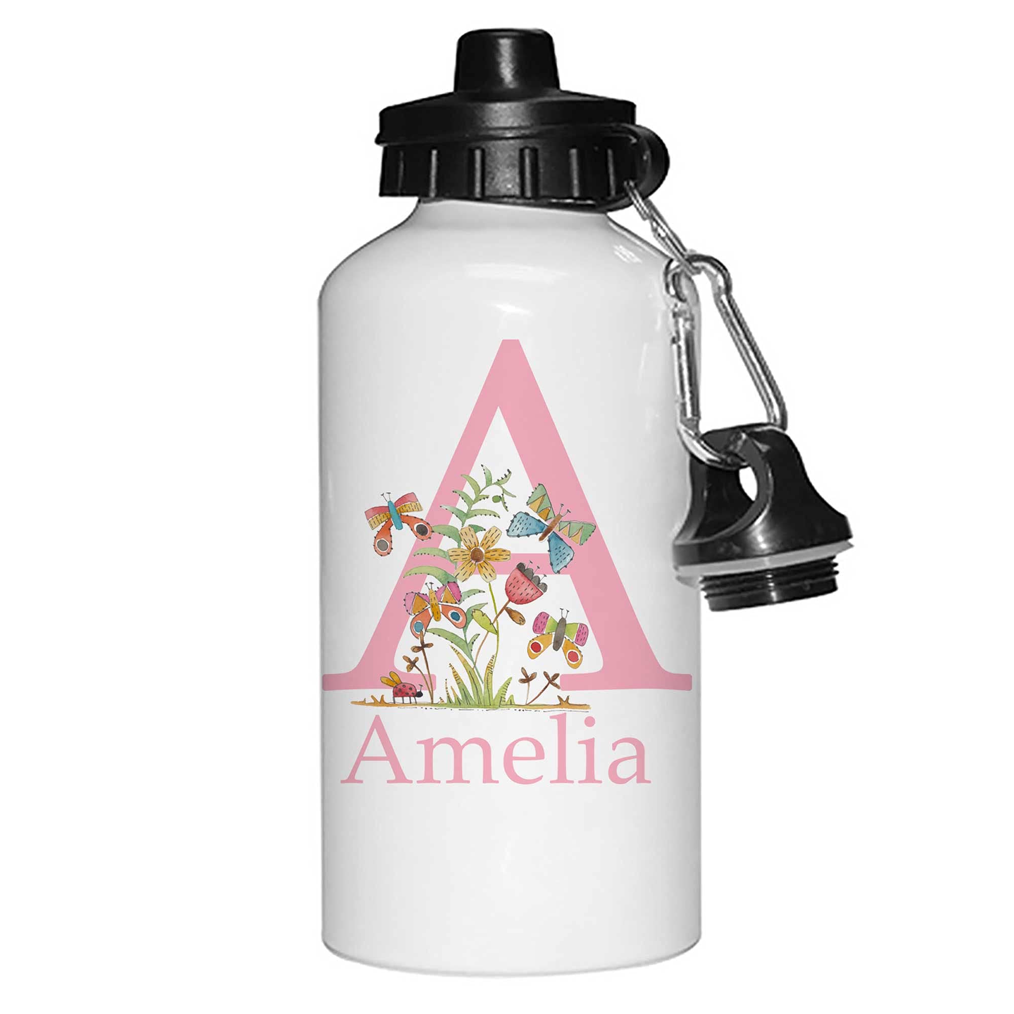 Tigerlilyprints Personalised Water Bottle, Butterfly Initial, 400ml Water Bottle, Girls Pink Water Bottle