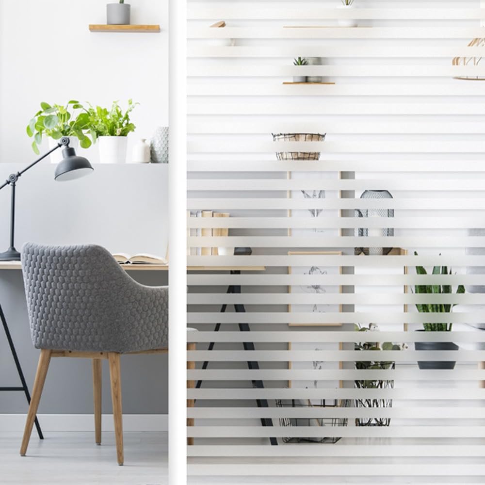 Window Film Privacy, Frosted Window Film Static Cling 60 x 200 cm, Privacy Film for Glass Windows No Glue Window Sticker Opaque UV Protection White Stripe for Office Living Room Kitchen,5 Piece
