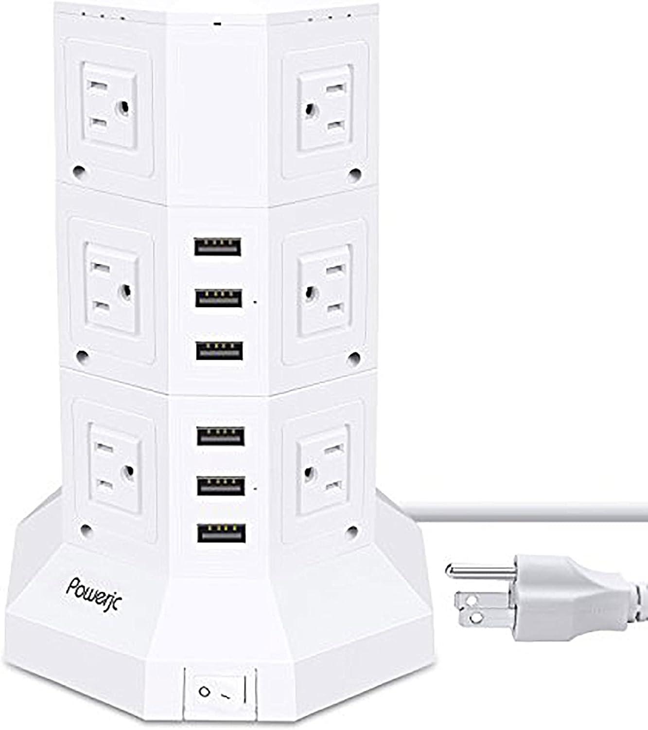 Power Strip USB Surge Protector Tower 12 AC Outlets with 6 USB Ports Chargers 10 Feet Long Extension Cord Indoor White-Powerjc