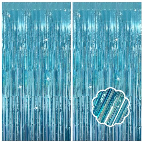 2 Pack Blue Streamers Blue Party Decorations Tinsel Foil Fringe Curtains Photo Backdrop Celebration Birthday Decorations Ocean Party Decoration