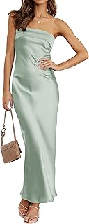 Women 2025 Summer Strapless Satin Tube Bodycon Backless Wedding Guest Maxi Dress - Buy now