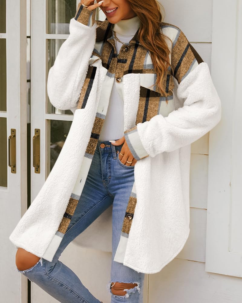 FSHAOES Womens Winter Coats Fuzzy Fleece Jacket Shacket Plaid Lapel Button Down Flannel Shirt Lightweight Outwear - Image 2