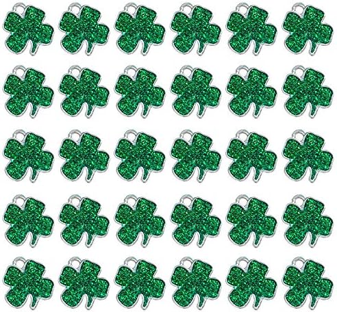 St. Patrick's Day Four Leaf Clover Charm Pendant Lucky Shamrock Assorted Enamel Women Green Sequin Dangle Pendants for Earring Necklace Anklet Bracelet Crafting DIY Jewelry Making Accessories 30 Pack