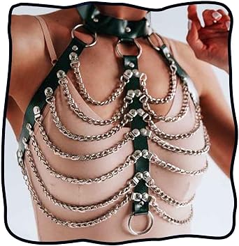 DRESBE Punk Layered Body Chain Black Leather Bra Caged Harness Choker Bra Chains Gothic