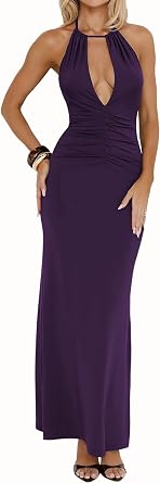 Womens Halter Dress Ladies Maxi Long Bodycon Deep V Neck Low Back Tight Fitted Party Outfits