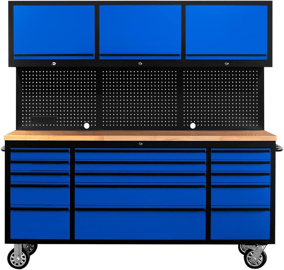 Armadietto per attrezzi HeavyDu da 72 pollici con 15 Ders 3 Cabi superiore Power Board Piano di lavoro in rovere spesso e personalizzabile per & Worhop