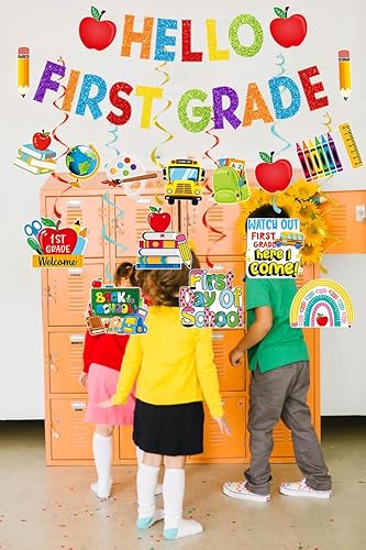 Miniatura 4 de Cartel de Hello 1er grado, decoraciones de primer día de primer grado, suministros de pancarta de bienvenida de regreso a primer grado, decoraciones