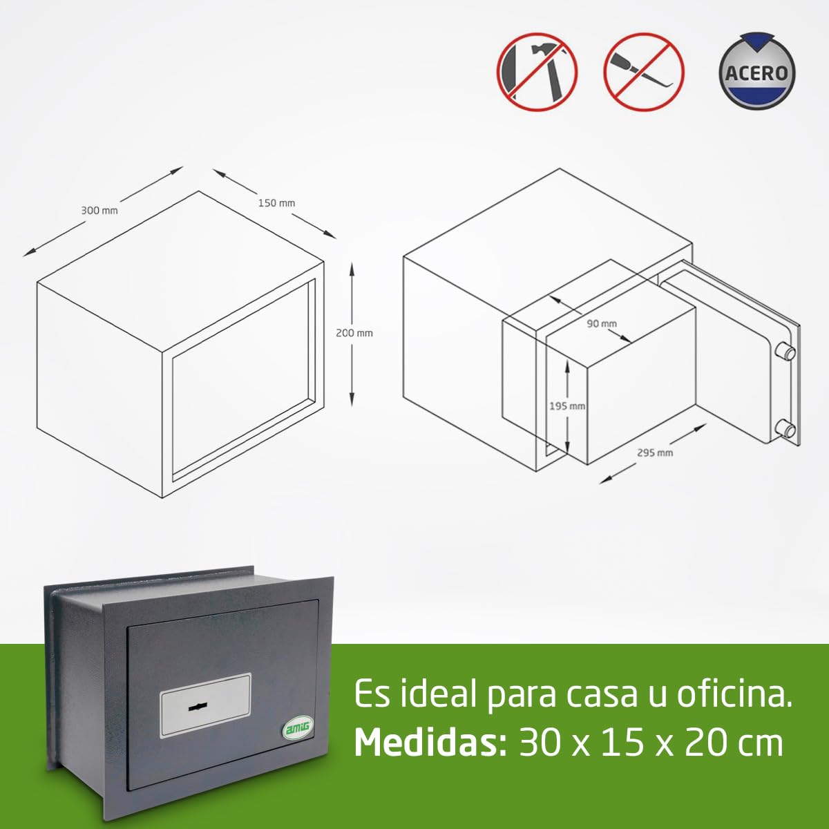 Amig - Caja Fuerte de Embutir con Llave de Gorja - Acero - Caja de Seguridad para Pared, Discreta y Segura - Ideal para Casa - Protección de Dinero y Objetos de Valor - 30x15x20 cm