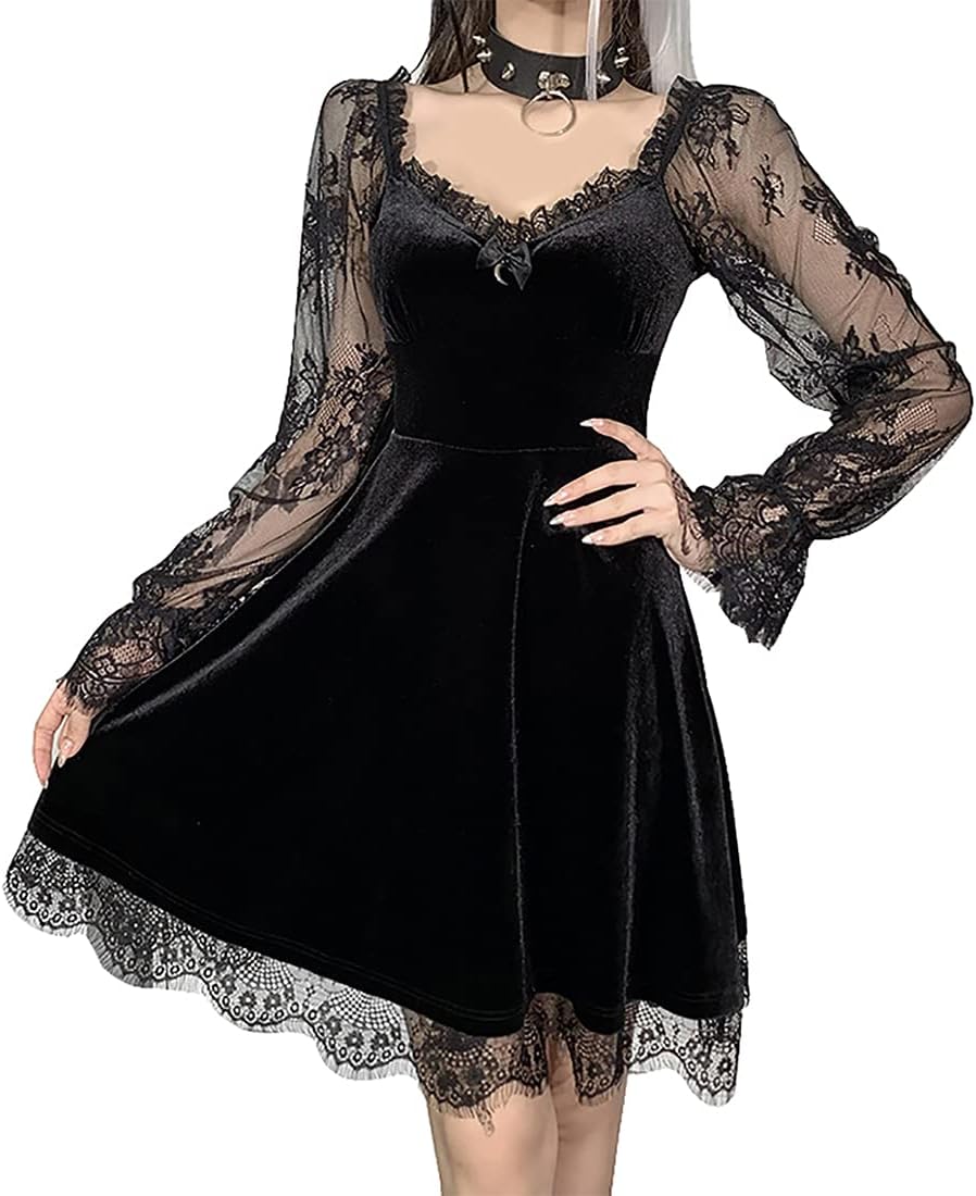 Womens Black Velvet Dress Moon Dress Long Sleeve Lace Sleeve Dress Gothic Clothes Vintage Mini Dress - Image 2