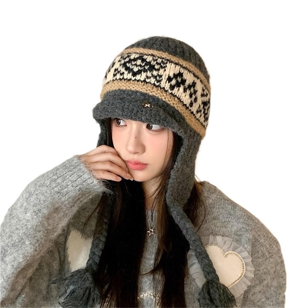 KIKYKUBBLETASW Women's Knitted Earflap Trapper Hat Winter Warm Skull Cap with Braid Tassel Tie Ski Snow Beanie for Outdoor(Dark gray)