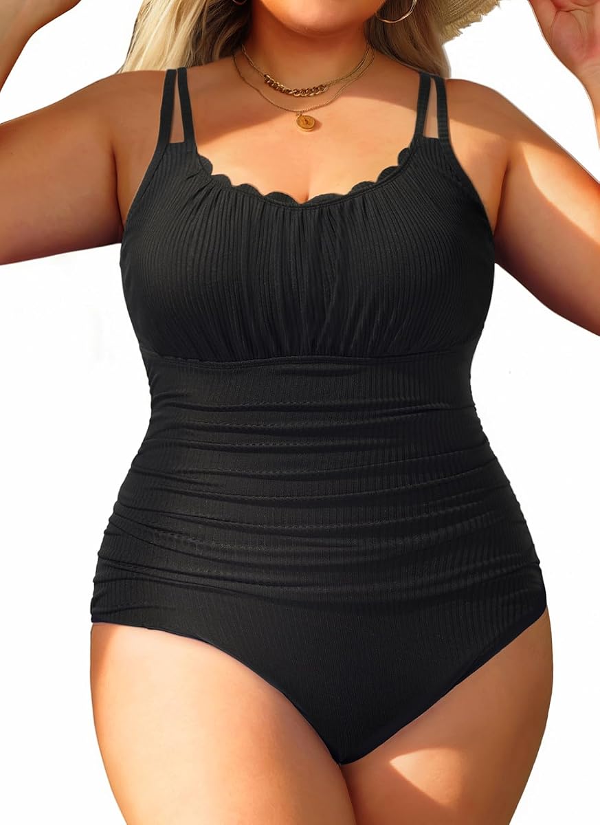 Women's Plus Size One Piece Swimsuit - Tummy Control Ribbed Bathing Suit