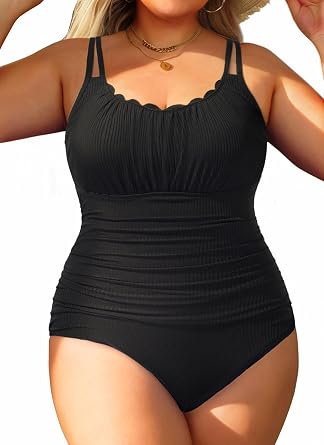Womens Plus Size One Piece Swimsuit - Tummy Control Ribbed Bathing Suit