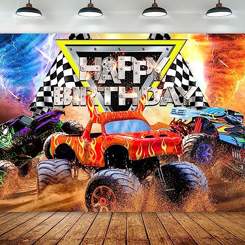 Newsely Truck Themed Birthday Party Supplies Backdrop 7Wx5H Monster Boys Kids Happy Birthday Background Photography Jam Burning Flame Car Grave Digger Party Decorations Banner Photo Booth Props by Newsely - Used condition - US$15.75