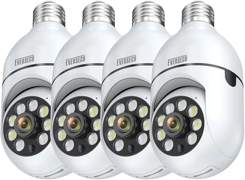 EVERSECU 4pack 2K 3MP Wireless Light Bulb Security Camera, 2.4g & 5g WiFi, Auto Tracking, 2 Way Audio, Smart Night Vision, Support ONVIF & RTSP, Work with Alexa, SD Card & Cloud Storage, Free App