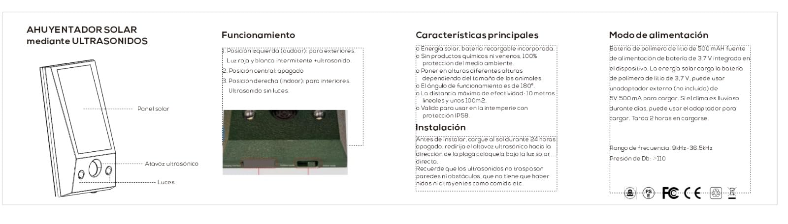 Ahuyentador de Palomas,Aves,Gatos con ultrasonidos, se Recarga con su Placa Solar para Exteriores Emite ultrasonidos de Forma Continua
