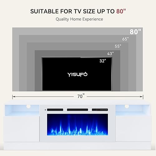 Miniatura 6 de Soporte de TV de 70 pulgadas con chimenea eléctrica de 36 pulgadas, gran centro de entretenimiento moderno con armario de almacenamiento y luces LED