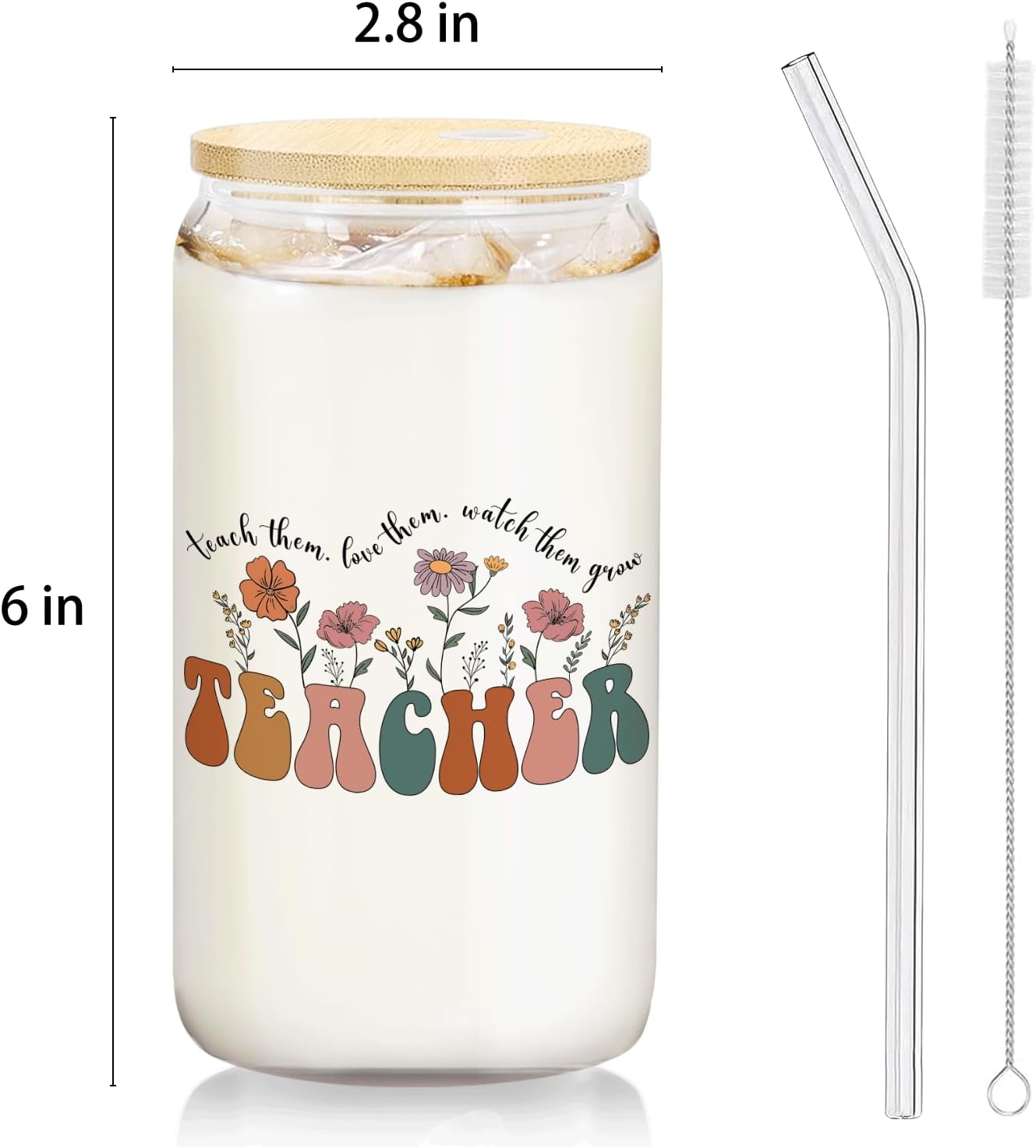 Teacher Glass Cup with Lids and Straws 14oz, Back to School Teacher Gifts, Teachers Appreciation Gift for Women Glass Iced Coffee Tumbler Drinking Jars with Cleaning Brush - Image 5