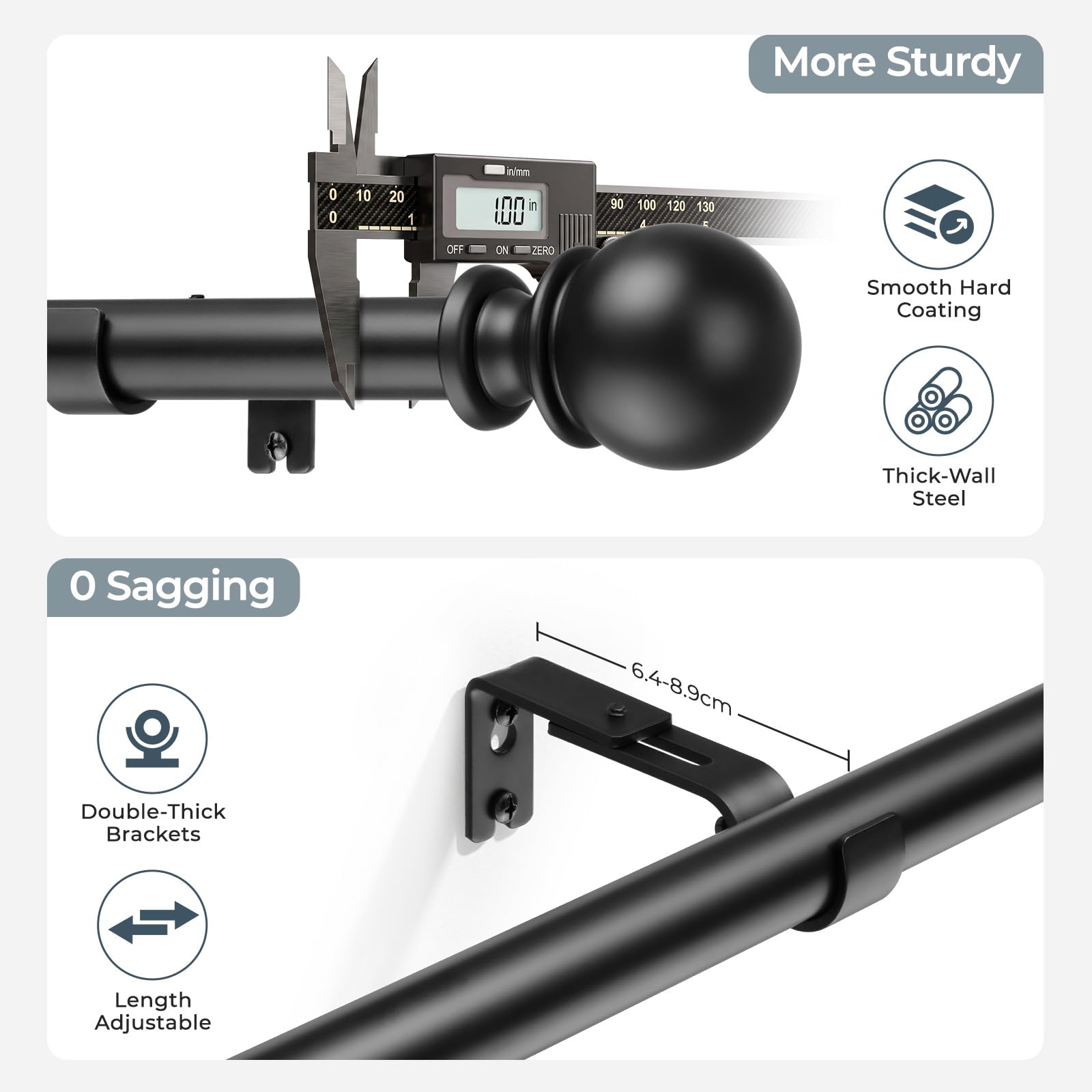 Tringle à rideaux à œillets extensible Noir 25 mm 80-305 cm | Tringles à rideaux robustes, charge de 15 kg, tringle à rideaux intérieur/extérieur, support mural/plafond, supports inclus