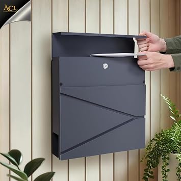 Assorted Collections Wall Mounted Post Box with Newspaper Holder, Lockable with 2 Keys, Modern Design, Easy to Install, 37x10.5x37 cm (Grey)