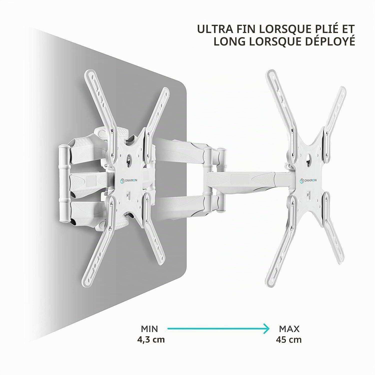 ONKRON Support Mural TV Blanc pour 37" - 70" TV, Bras Articulé TV Mural Poids de 36,4 kg - Accroche Murale TV VESA 100x100-400x400/Support Television Mural Pivotant Inclinable Orientable M5-W Blanc