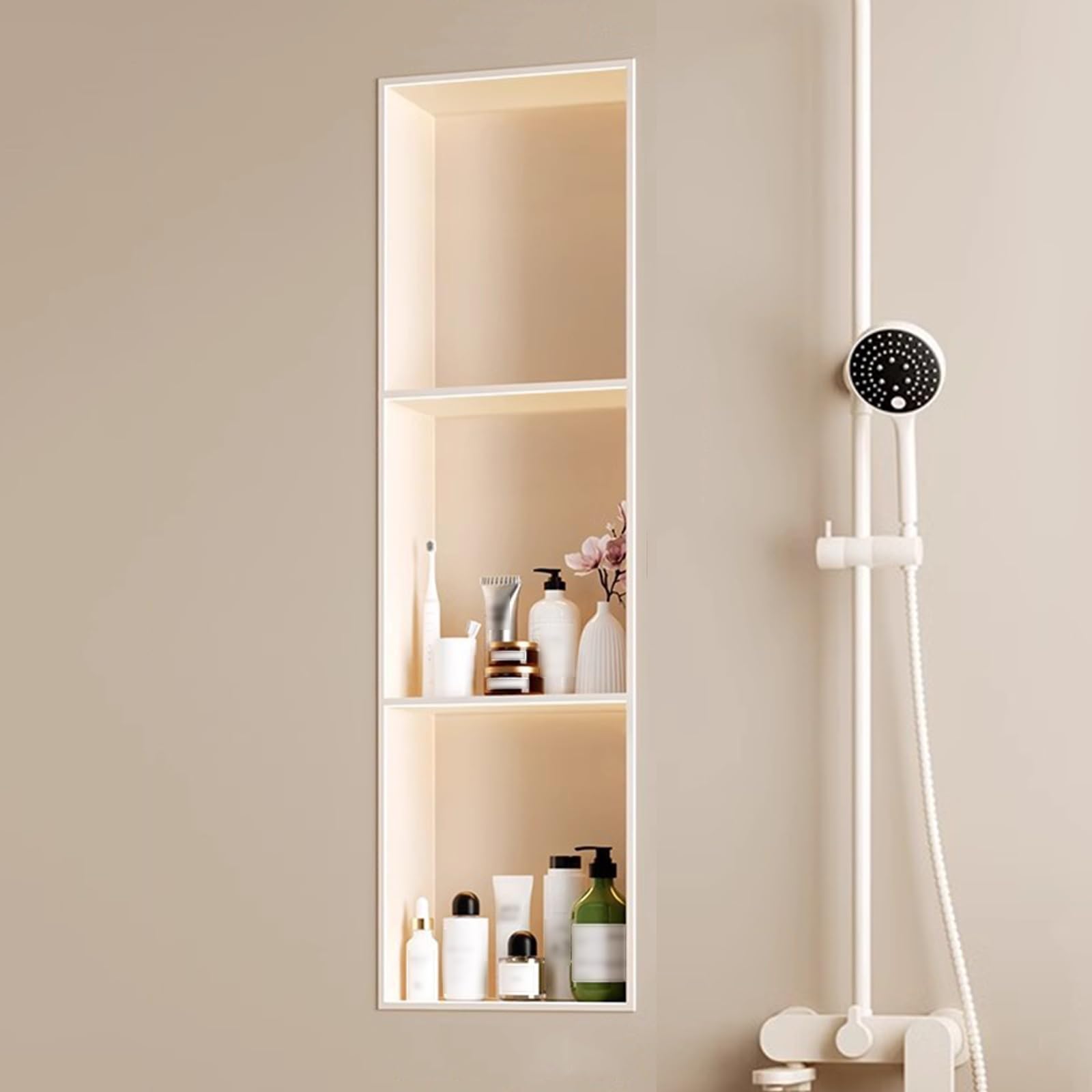 SanzIa Nicchia per Doccia con Luce LED Illuminata, Scaffale Impermeabile da Incasso a Parete Non È Necessario Rivestire la Nicchia per Lo Stoccaggio del Bagno(28x90x12.5cm)