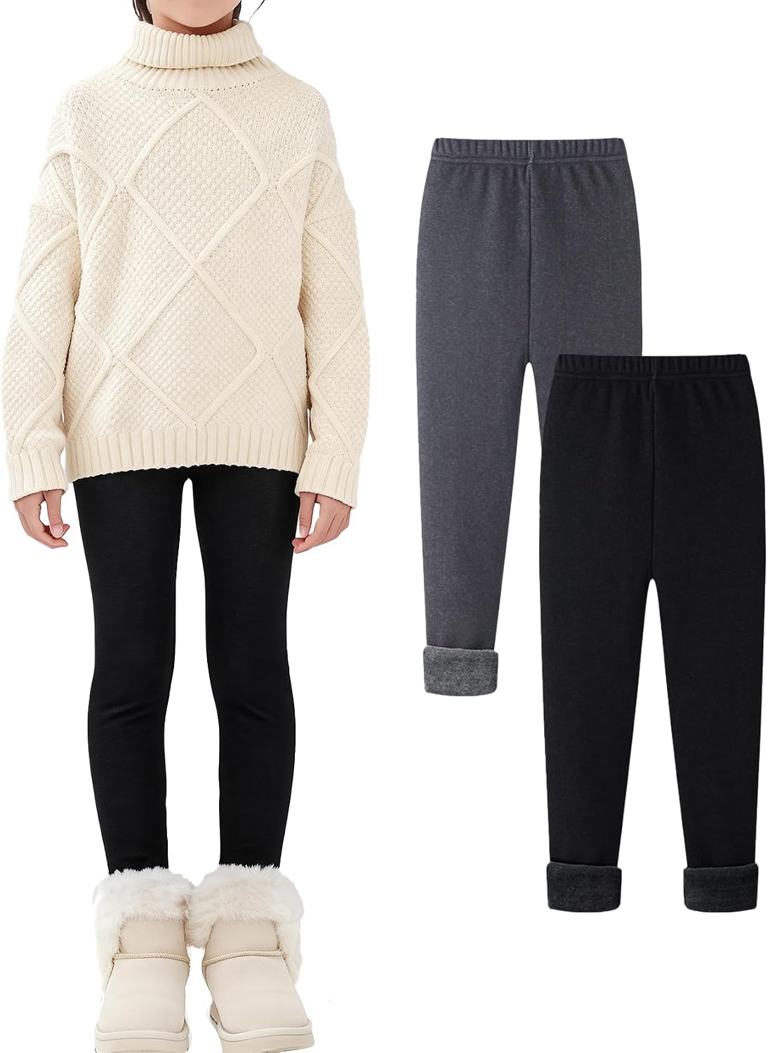 Girls Fleece Lined Leggings Kids Warm Fleece Leggings Winter Thick Full Length Thermal Pants 6-12 Years