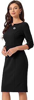 Allegra K Work Dress for Women 3/4 Sleeve Business Casual Sheath Dresses | Boat Neck, Back Slit, Bodycon, Office, Professional, Vintage, Interview, Church Wear, Dressy Casual