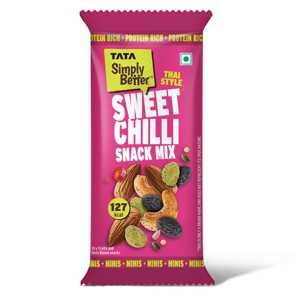 Tata Simply Better Sweet Chilli Trail Mix, 25g (Single Serve), Premium ‎Raisins, Roasted Seeds, Nuts, & White Soybean, Party Snack, No Palm Oil, No Trans Fat, Ready To Eat Snack